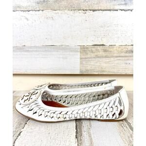 Tory Burch Womens 7.5 White Woven Leather Slip On Ballet Flats Casual Shoe